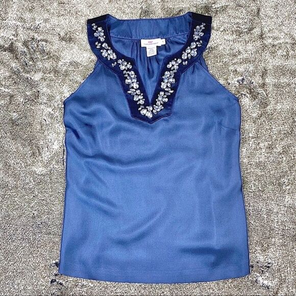 NWOT! Vineyard Vines Navy Embellished Silk Blouse - Picture 1 of 5